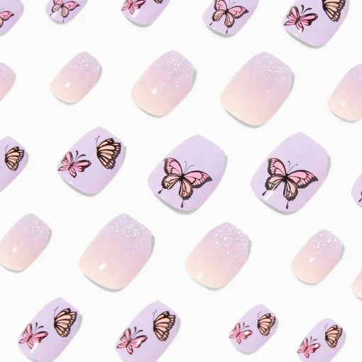 Purple Butterfly Coffin Press On Vegan Faux Nail Set - 24 Pack
