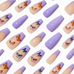 Purple Butterfly French Tip Bling Squareletto Vegan Faux Nail Set - 24 Pack
