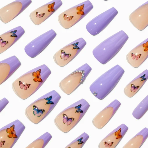Purple Butterfly French Tip Bling Squareletto Vegan Faux Nail Set - 24 Pack