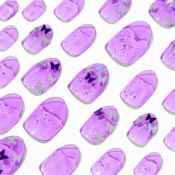 Purple Butterfly Glitter Stiletto Press On Vegan Faux Nail Set - 24 Pack