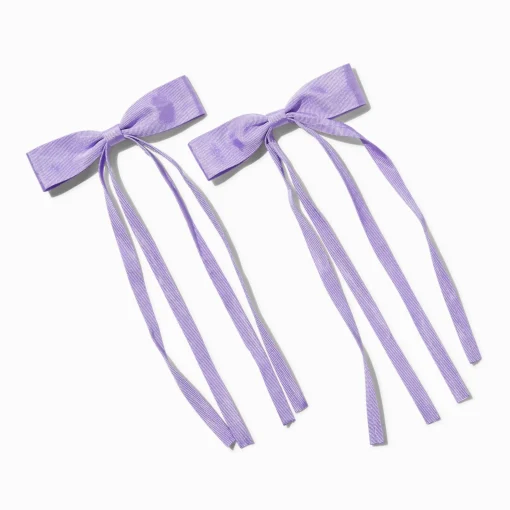 Purple Grosgrain Ribbon Long Tail Hair Bow Clips - 2 Pack