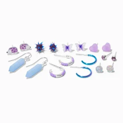 Purple Hedgehog Mixed Stud, Drop & Hoop Earrings - 9 Pack