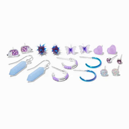 Purple Hedgehog Mixed Stud, Drop & Hoop Earrings - 9 Pack