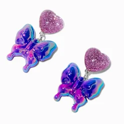 Purple Puffy Butterfly & Heart Drop Earrings