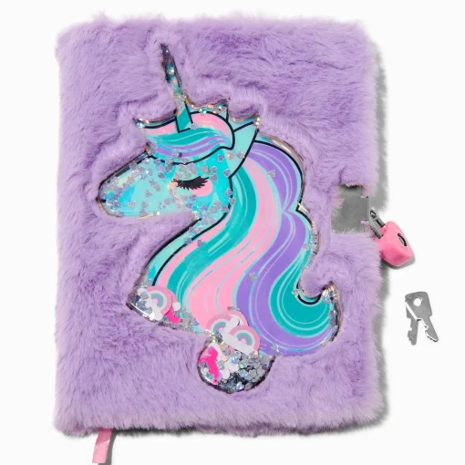 Purple Unicorn Shaker Furry Lock Diary