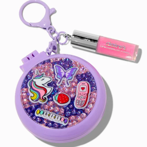 Purple Y2K Unicorn Hair Brush & Lip Gloss Keychain