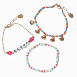"Aloha" Gold-tone Shell Beaded Bracelet Set - 3 Pack