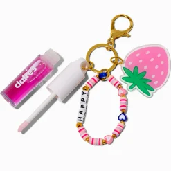 "Happy" Strawberry Charm Lip Gloss Wristlet Keychain