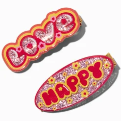 "Love" & "Happy" Glitter Affirmation Hair Clips - 2 Pack