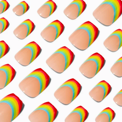 Rainbow French Tip Coffin Vegan Press On Faux Nail Set - 24 Pack