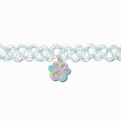 Rainbow Glitter Paw Pendant Tattoo Choker Necklace