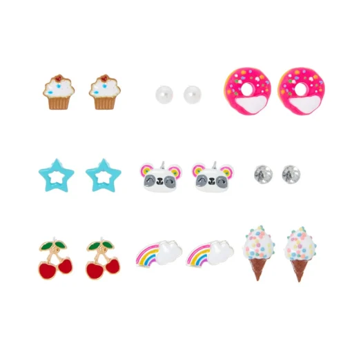 Rainbow Sweets & Panda Stud Earring Set - 9 Pack