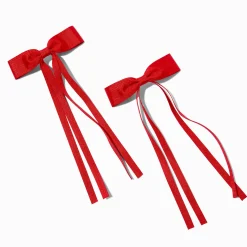 Red Grosgrain Ribbon Long Tail Hair Bow Clips - 2 Pack