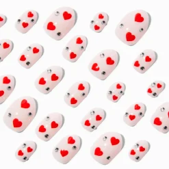 Red Heart & Rhinestone Gem Valentine's Day Stiletto Press On Faux Nail Set - 24 Pack
