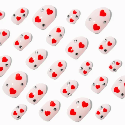 Red Heart & Rhinestone Gem Valentine's Day Stiletto Press On Faux Nail Set - 24 Pack