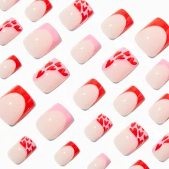 Red Heart French Tip Square Vegan Faux Nail Set - 24 Pack
