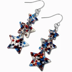 Red, White, & Blue Glitter Star Linear Trio Drop Earrings