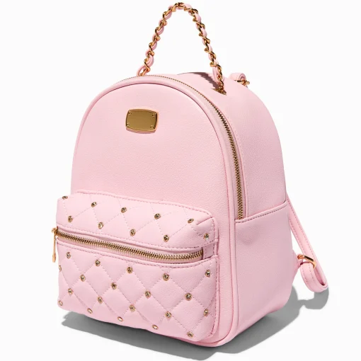 Rhinestone-Studded Blush Pink Quilted Small Backpack