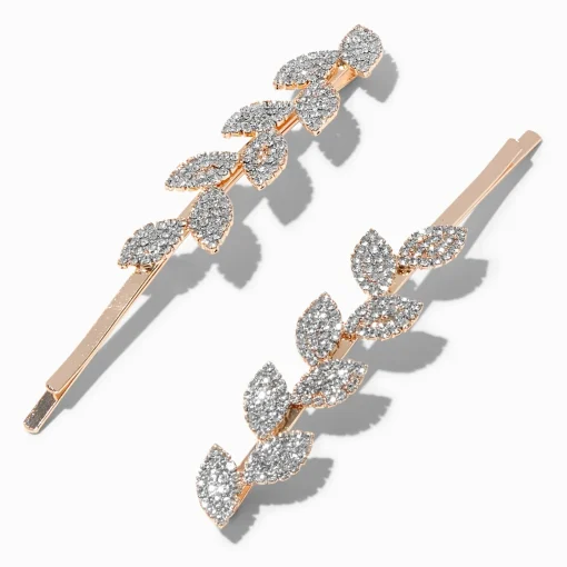 Rose Gold Pavé Crystal Leaf Hair Pins - 2 Pack