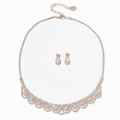 Rose Gold Rhinestone Scalloped Necklace & Earrings Set - 2 Pack