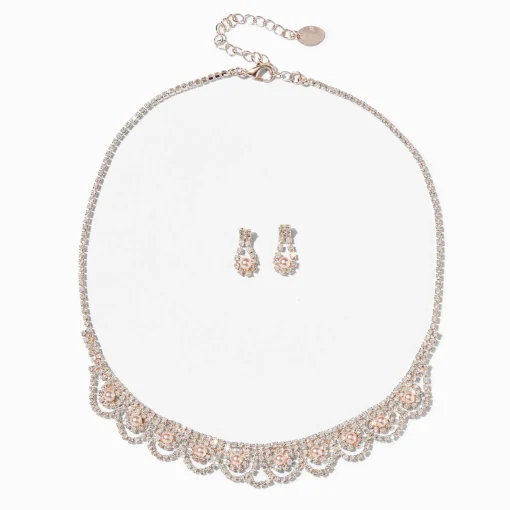 Rose Gold Rhinestone Scalloped Necklace & Earrings Set - 2 Pack