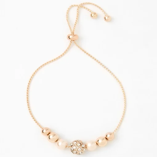 Rose Gold-tone Crystal Fireball & Pearl Bolo Bracelet