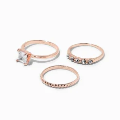 Rose Gold-tone Cubic Zirconia Square Ring Stack Set - 3 Pack