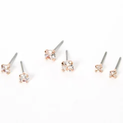 Rose Gold-tone Cubic Zirconia 3mm, 4mm, & 5mm Round Stud Earrings - 3 Pack