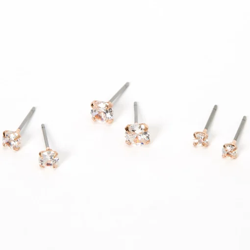 Rose Gold-tone Cubic Zirconia 3mm, 4mm, & 5mm Round Stud Earrings - 3 Pack