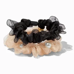 Sheer Pearl Ivory & Black Hair Scrunchies - 2 Pack