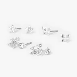 Silver Butterfly & Stars Stud Earrings - 3 Pack