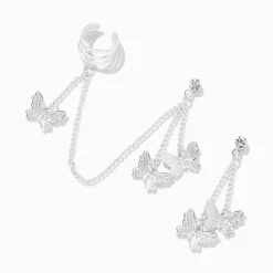 Silver Butterfly Cuff Connector Drop Earrings