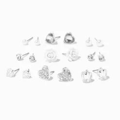 Silver Crown Heart Rose Stud Earrings - 9 Pack
