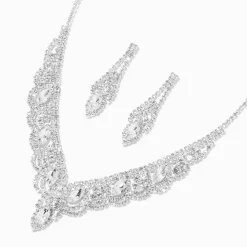 Silver Crystal Scalloped Shirt Neck Jewelry Set - 2 Pack