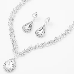 Silver Crystal Teardrop V-Neck Jewellery Set - 2 Pack