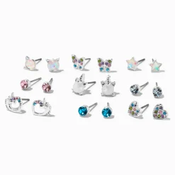 Silver Crystal Unicorns Stud Earrings - 9 Pack