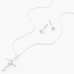 Silver Cubic Zirconia Cross Jewelry Set - 2 Pack