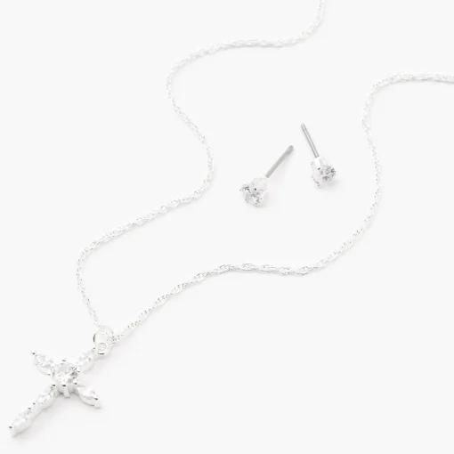 Silver Cubic Zirconia Cross Jewelry Set - 2 Pack
