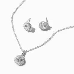 Silver Cubic Zirconia Halo Knot Pendant Necklace & Stud Earrings Set - 2 Pack