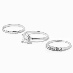 Silver Cubic Zirconia Square Ring Set - 3 Pack