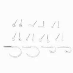 Silver Embellished & Textured Earrings - 9 Pack