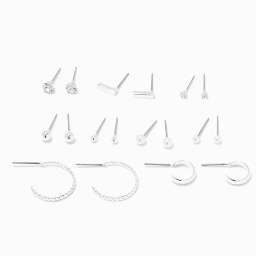 Silver Embellished & Textured Earrings - 9 Pack