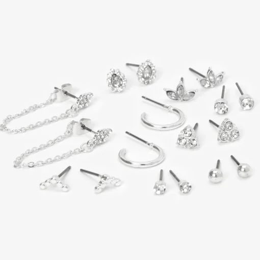 Silver Fancy Crystal Mixed Earrings - 9 Pack