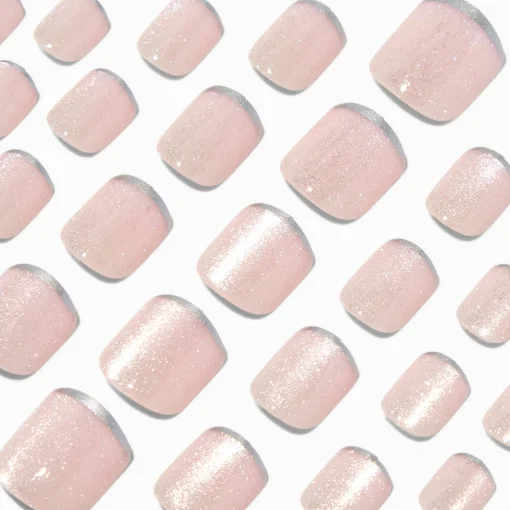 Silver Glitter Skinny French Tip Square Press On Vegan Faux Nail Set - 24 Pack