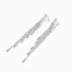 Silver 4" Crystal Fringe Clip-On Drop Earrings