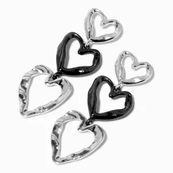 Silver-tone & Hematite Triple Heart 2" Drop Earrings