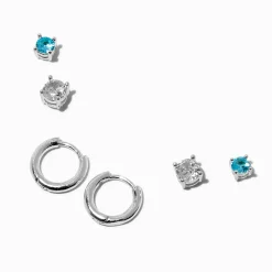Silver-tone Aqua Cubic Zirconia Earring Stackables Set - 3 Pack