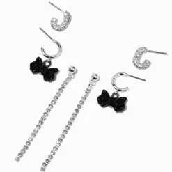 Silver-tone Black Bow Cup Chain Earring Stackables Set - 3 Pack