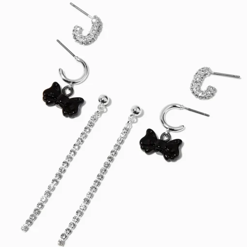 Silver-tone Black Bow Cup Chain Earring Stackables Set - 3 Pack
