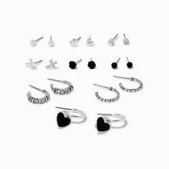 Silver-tone Black Carved Rose Mixed Earrings Set - 9 Pack
